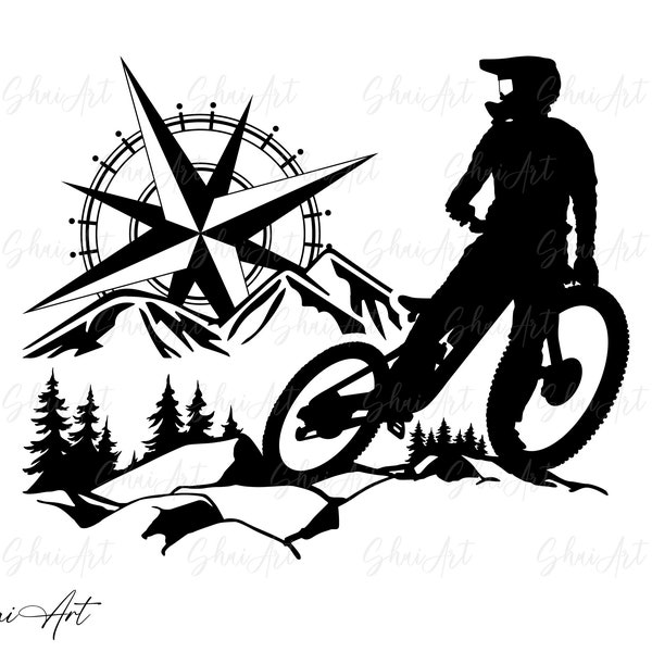 Biker Mountain Trees and Compass svg file, mtb svg, bike svg, biker svg, svg, png, cricut, dxf, clipart, for Commercial and Personal use