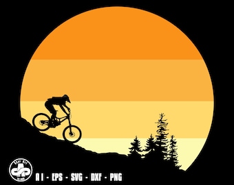 silueta SVG, silueta de descenso con árboles SVG, MTB SVG, bicicleta SVG, SVG, PNG, Cricut, DXF, clipart, para uso comercial y personal