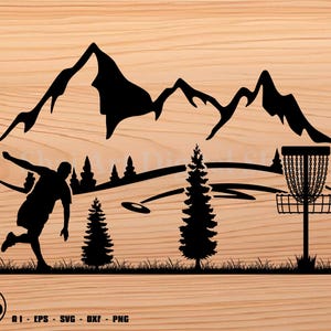 Arbre et montagne de joueur de disc golf - disc golf svg, svg frisbee, svg, png, cricut, dxf, clipart, pour un usage commercial et personnel