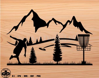 Giocatore di Disc Golf Montagna e alberi - disc golf svg, frisbee svg, svg, png, cricut, dxf, clipart, per uso commerciale e personale