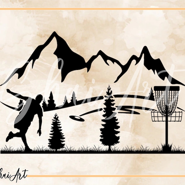 Disc Golf Player Mountain and trees - disc golf svg, frisbee svg, svg, png, cricut, dxf, clipart, for Commercial and Personal use