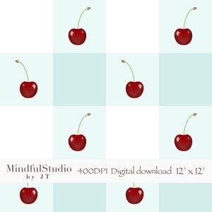Può includere: Download digitale con un motivo ripetuto di ciliegie rosse mature con steli verdi su uno sfondo a scacchi azzurro chiaro e bianco. Il testo "MindfulStudio by JT" è in basso. Il download digitale è di 30,5 x 30,5 cm.