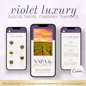 Puede incluir: Una plantilla de itinerario de viaje digital para Napa y Sonoma, California. La plantilla presenta un esquema de color morado y blanco con un fondo de puesta de sol en un viñedo. El texto "violet luxury" se muestra en la parte superior de la plantilla. La plantilla incluye una descripción general del viaje, planes diarios y un logotipo "Made in Canva".