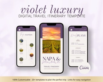 May include: A digital travel itinerary template for Napa and Sonoma, California. The template features a purple and white color scheme with a vineyard sunset background. The text "violet luxury" is displayed at the top of the template. The template includes a trip overview, daily plans, and a "Made in Canva" logo.