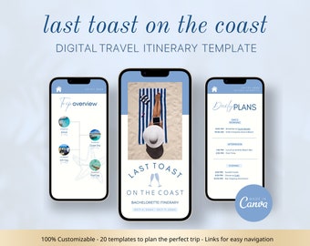 Last Toast on the Coast Bachelorette Digital Travel Itinerary Template | Editable Mobile Travel Planner Template | Beach Trip Itinerary