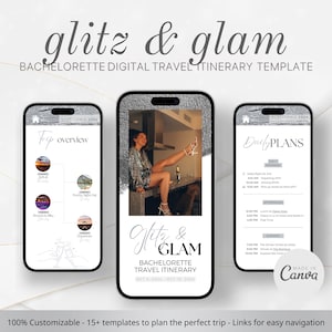 May include: A digital travel itinerary template for a bachelorette party. The template is designed to be used on a mobile phone and features a glitzy and glamorous theme. The template includes a trip overview, daily plans, and a section for photos. The template is customizable and includes links for easy navigation.
