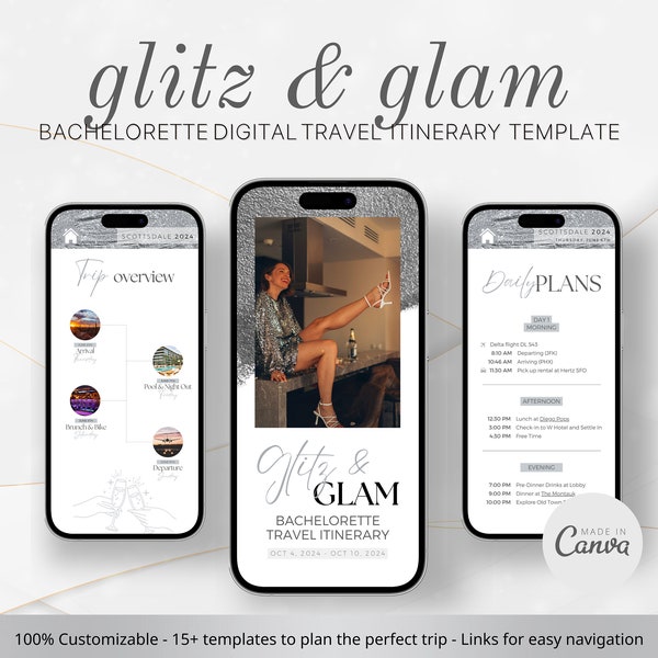 Glitz & Glam Bachelorette Digital Travel Itinerary Template | Mobile Travel Template | Vacation Planner | Group Trip Itinerary