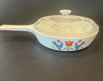 Vintage 1975 CorningWare 4.5” Skillet with PYREX Lid - Country Festival Pattern - Model p 83 b