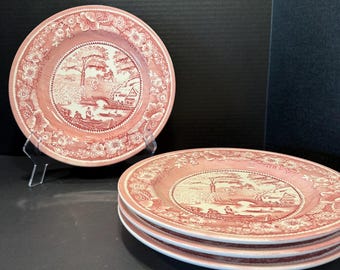 4 Vintage Staffordshire Engravings Pink Wild Rose Transferware Dinner Plates 10.75”