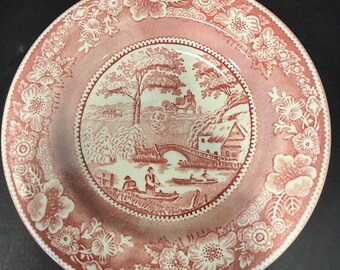 4 Vintage Staffordahire Engravings Pink Wild Rose Transferware Salad Plates 8”