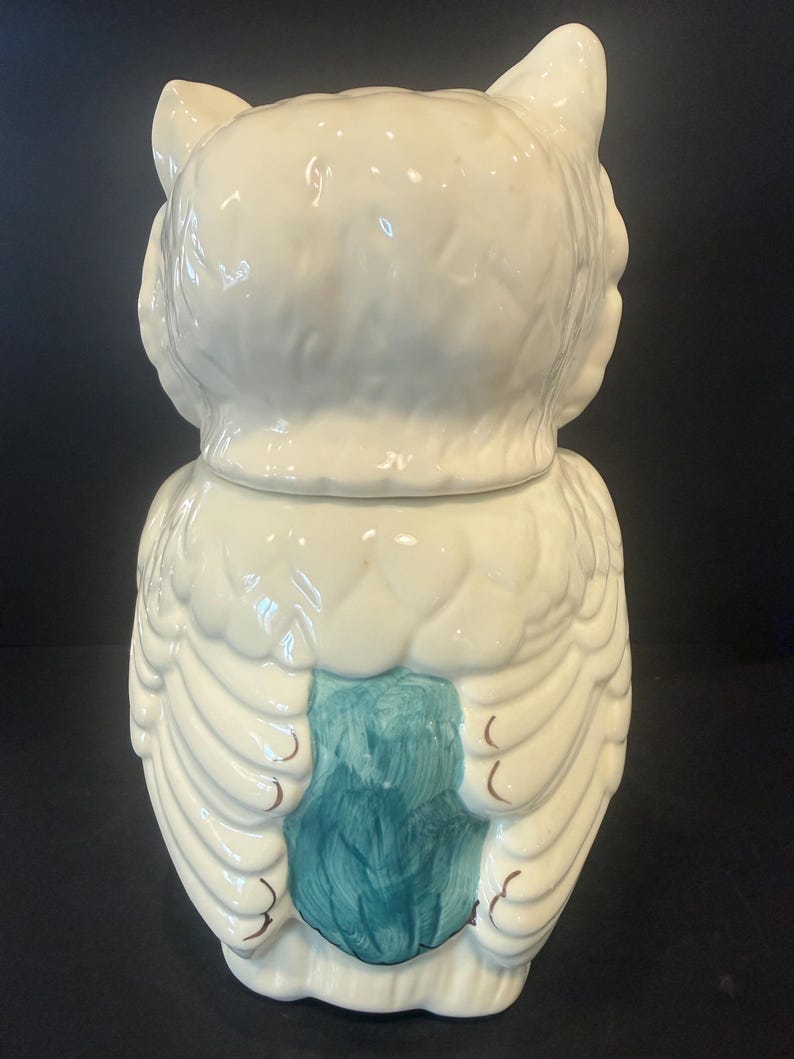 May include: White ceramic owl-shaped cookie jar with a teal-colored design on the front. The owl has large, detailed wings and a lid that fits snugly on top. The jar is a decorative kitchen item.