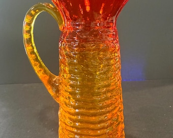 Vintage 1962 Blenko Tangerine Strata Pitcher Amberina with Textured Ombré Glass