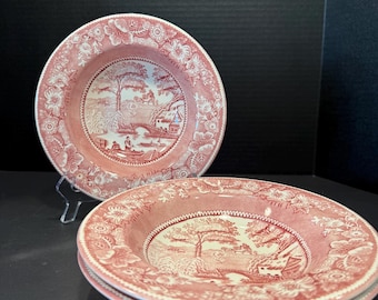 3 Vintage Staffordshire Engravings Pink Wild Rose Transferware Flat Rimmed Bowls 8.5”
