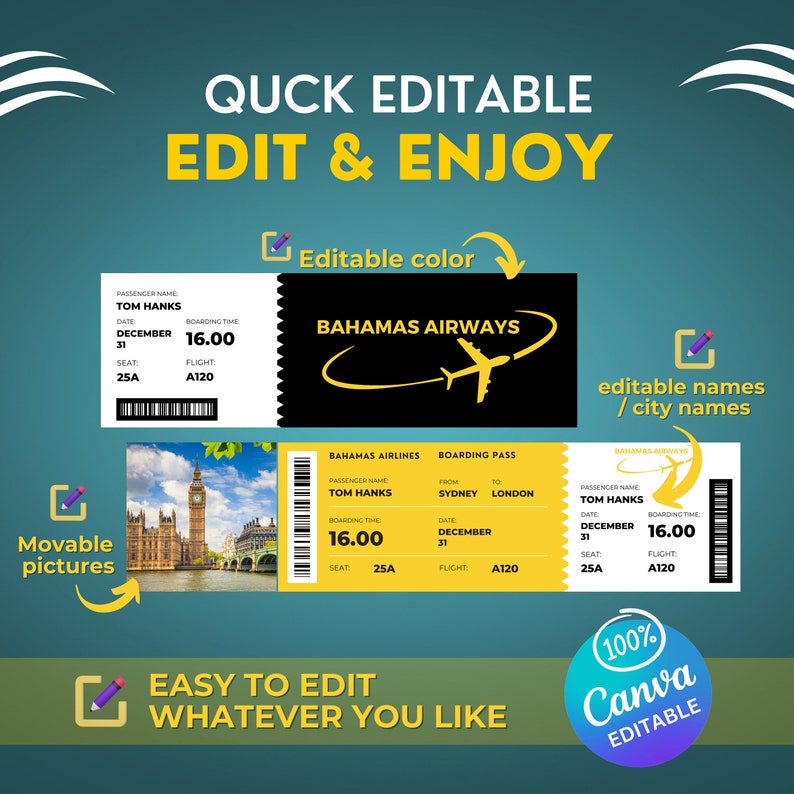 Editable Boarding Pass Canva Template, Printable Boarding Ticket ...
