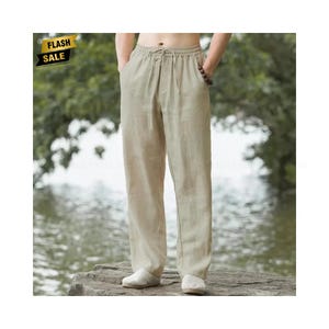 Katoenen linnen strandbroek heren loose fit zomerjoggingbroek | Casual streetwear-joggingbroek voor vakantie, Hawaïaans, lange broek Cadeau voor hem