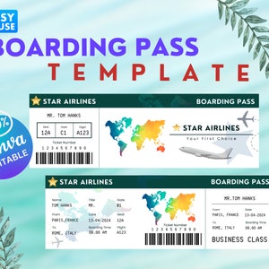 Modelo de cartão de embarque editável, cartão de embarque Canva para impressão, passagens aéreas personalizáveis, download instantâneo, cartão-presente digital para passagem aérea