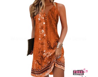 Robe Bohème Sans Manches à Lacets - Col En V Imprimé Tendance - Robe Cocktail Femme - Style Europe/USA
