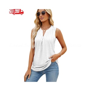 Casual Summer Hollow Out Blouse, Women’s V Neck Sleeveless Tank Top, Elegant Loose Pullover Solid Tunic Shirt For Daily Wear