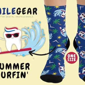 Summer Surfing Tooth Socks | Funny Dentist Socks for Dental Enthusiast | Unique Novelty Gift Idea for Dentists, Dental Students
