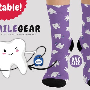 Tooth Flossing Pattern Socks - Cute Dentist Socks w/ Polyester & Cotton in Various Colors | Unique Novelty Gift Ideas for Dental Stu