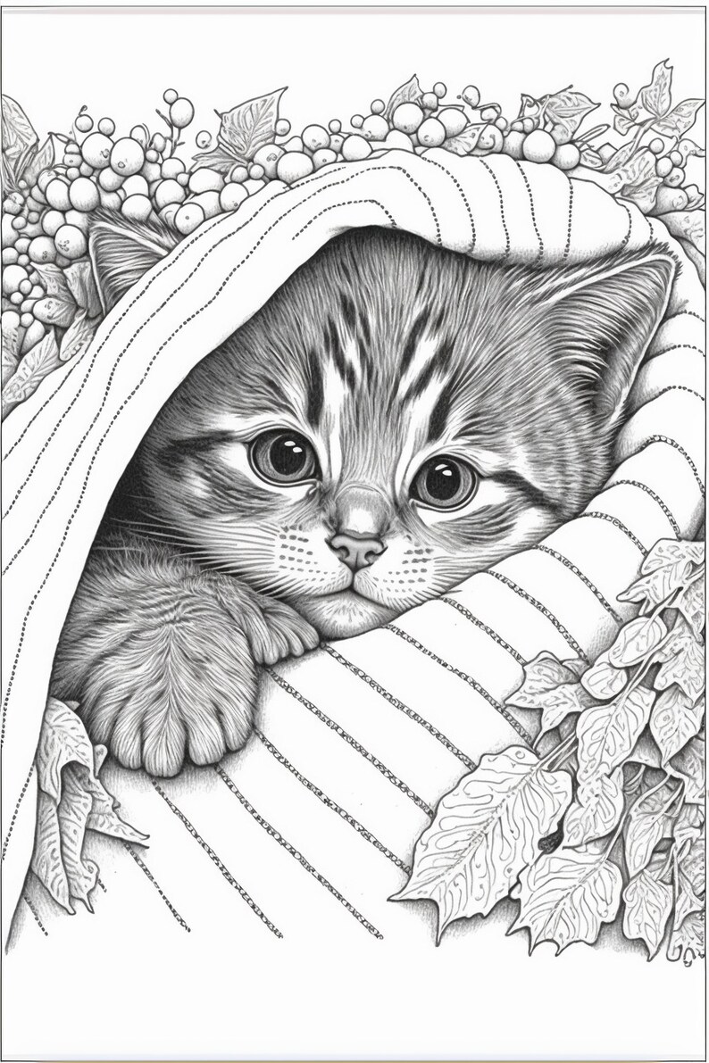 5 Page Downloadable, Printable Coloring PDF: Holiday Christmas Kitty