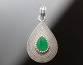 Green Agate Pendant - Handcrafted 925 Sterling Silver Tear Drop Pendant