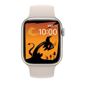 May include: A white Apple Watch with a black and orange watch face. The watch face features a silhouette of a monster with red eyes and the time 10:00. The day of the week is displayed as WED 11.