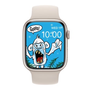 May include: A white smartwatch with a white band. The watch face is a cartoon of a white yeti with a blue background and the text "GRRRR!" and "WED 11 10:00".