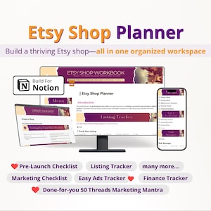 May include: An Etsy Shop Planner digital workspace for Notion featuring a computer monitor and smartphone displaying a purple and white interface with text including Etsy Shop Workbook, Listing Tracker, and various task management checklists.