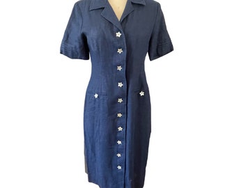 Vintage Jessica Howard Navy Blue 100% Linen Coat Dress Size 6