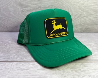 John Deere Vintage Logo Solid Backed Hat with Camo Bill Green John Deere Vintage Logo Solid Backed Hat with Camo Bill Green