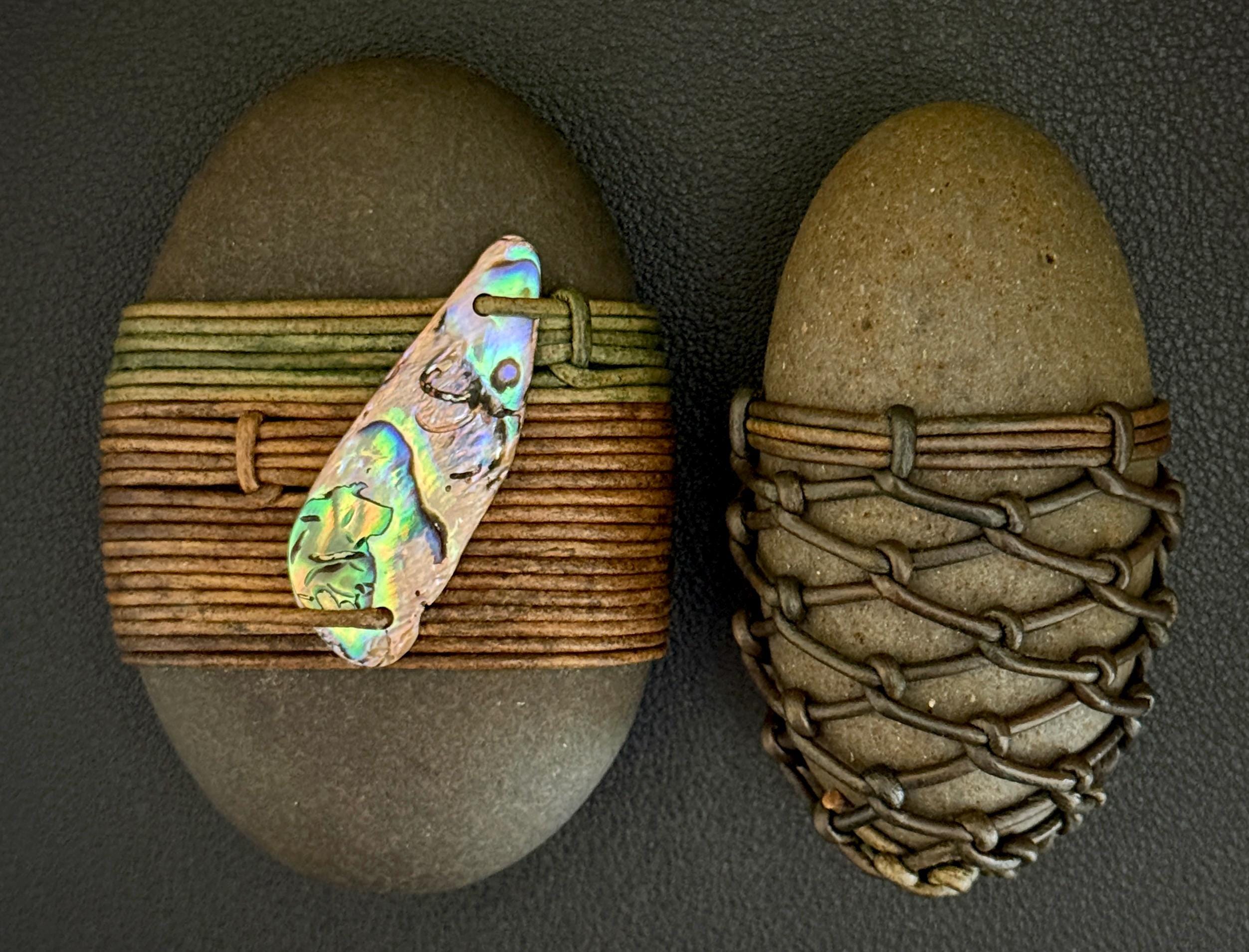 Handwoven Leather Wrapped Stone Set: Abalone Shell Zen Decor