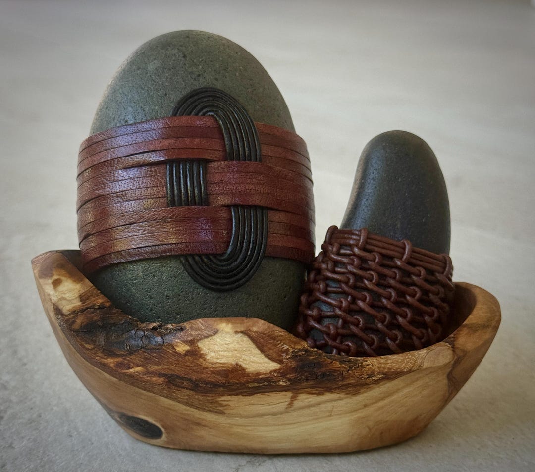 Wrapped Rocks Set With Olive Wood Bowl: Zen Coffee Table Decor - Etsy