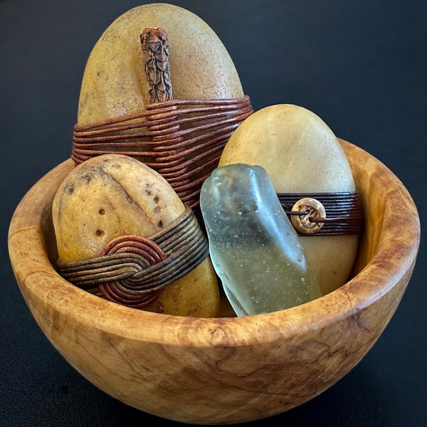 sold as a set, handwoven leather wrapped centering stones and sea glass in an olive wood bowl, Zen rocks, serenity stones, meditation stones