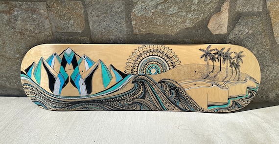 Classical art skateboard deck collection displaying Renaissance paintings horizontally on wall