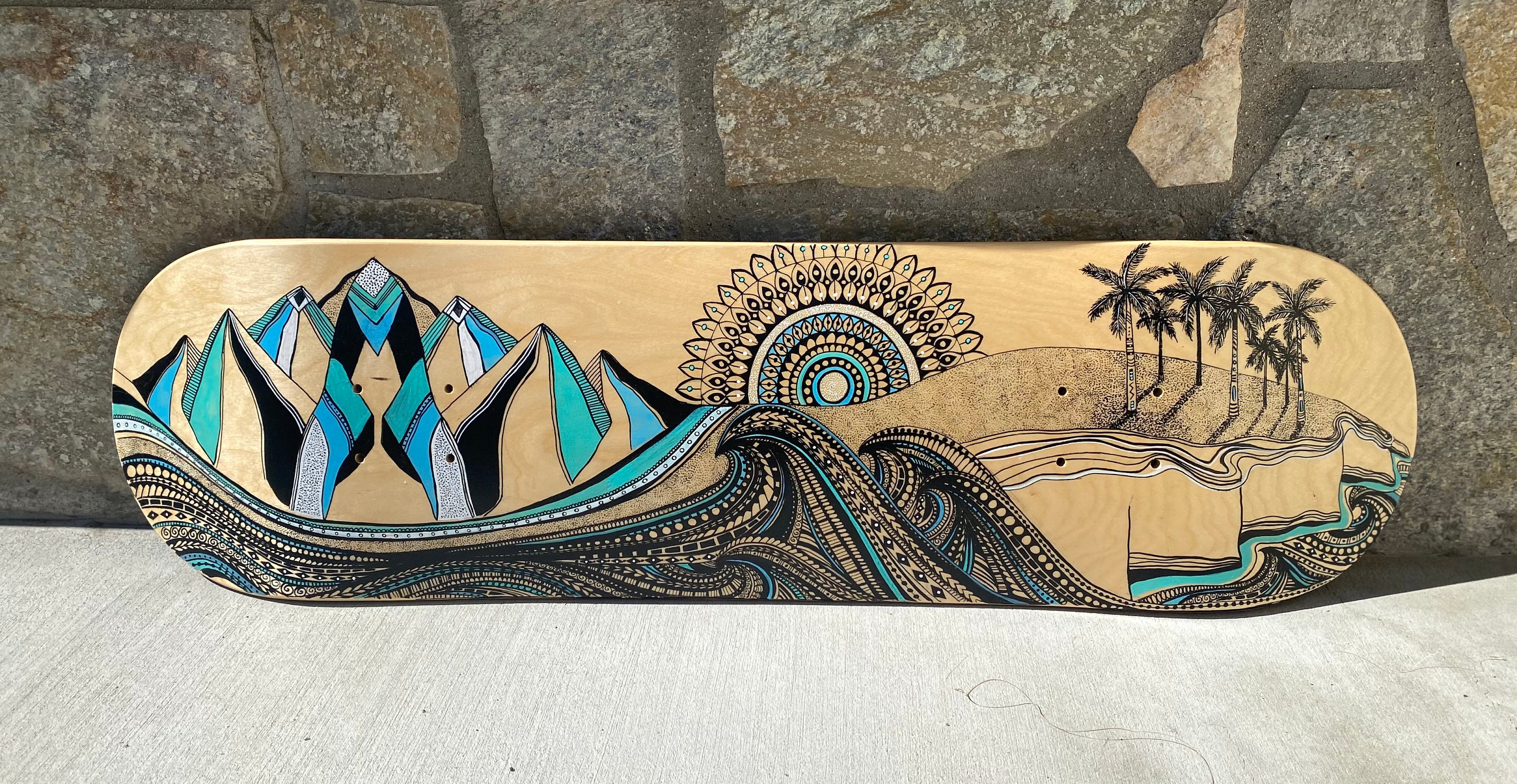 Skateboard wall art display showing classical art print with modern social commentary integration