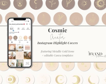 Capas de Destaques Boho para Instagram | Capas de Destaques Editáveis no Canva com Ícones Dourados para Coaches, Criativos e Marcas de Bem-Estar