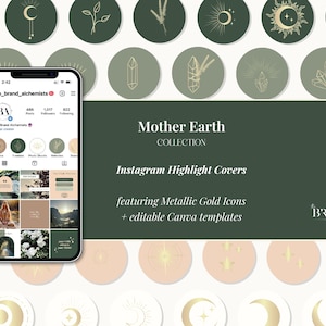 Gold Mystical Instagram Highlights Editable in Canva | Green Celestial Social Media Icons for Wellness Coaches