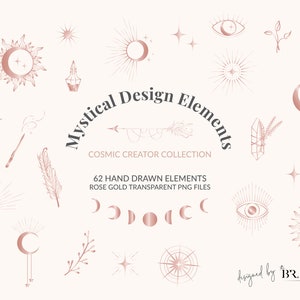 May include: A set of 62 hand-drawn mystical design elements in rose gold. The elements include moons, stars, suns, crystals, feathers, and more.  Mystical Design Elements, Cosmic Creator Collection.