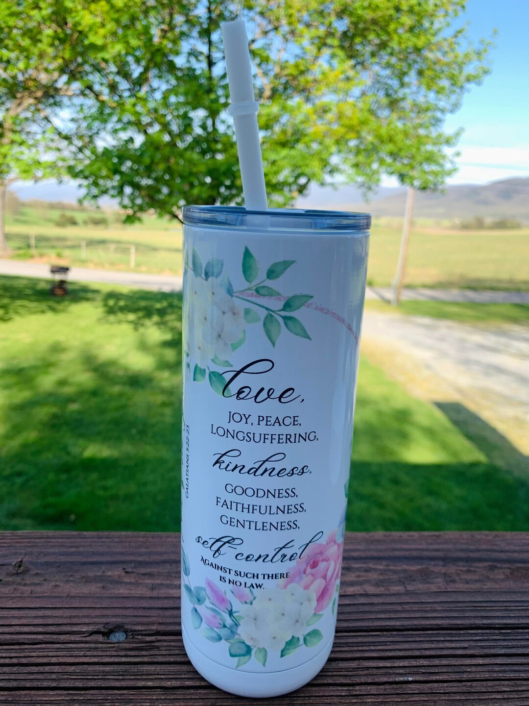 20 Oz Skinny Round Bottom Tumbler. Screw on Lid. Fruit of the Spirit