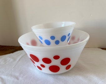 Vintage Fédéral glass 2 mixing bowl blue and red dots 1960