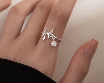 Y2k Dainty star Ring, Adjustable Ring, four pointed star Ring Gold, Polaris star Ring