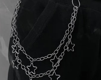Cadena de cintura Cyber Y2K Sparkly Star, cadena de pantalones Grunge, cadena multicapa, cadena punk, cadena Silver Star Dangle
