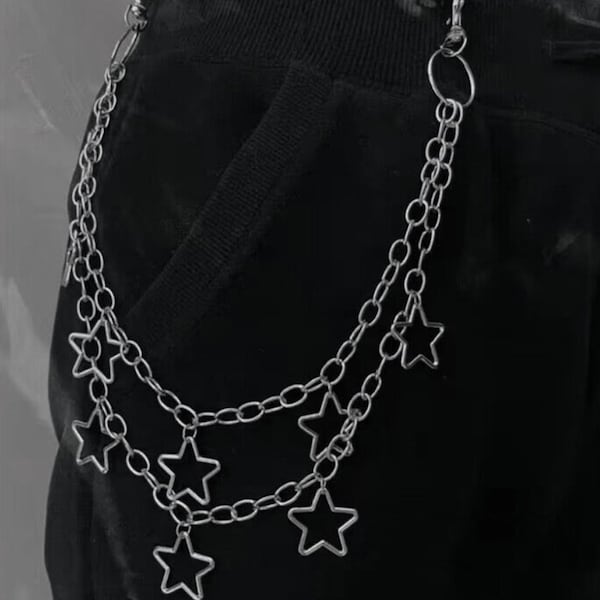 Cyber Y2K Sparkly Star waist chain, Grunge trouser chain, multi layer chain, punk chain,Silver Star Dangle chain