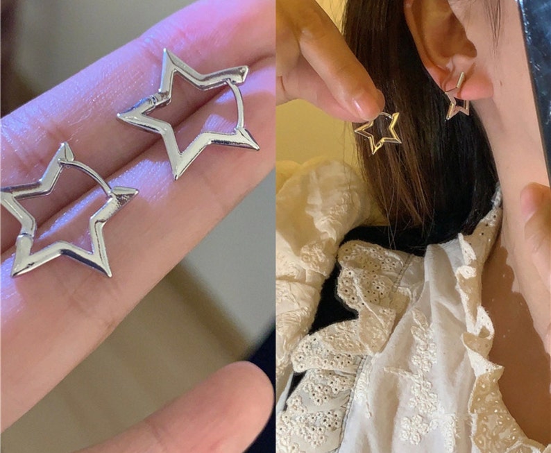 Nova Earrings, Star Huggie Earring, Star Hoop Earrings, Dainty earrings, Nomina earrings Silver star