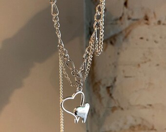 Y2k heart Chain necklace, multilayer choker, punk necklace, Silver heart Dangle choker