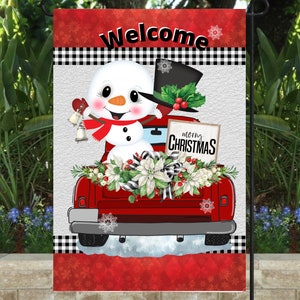 Christmas Snowman Red Truck Garden Flag, PNG File (Digital Download)