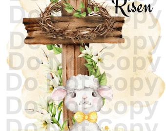 Op de afbeelding: Een aquarel-illustratie van een houten kruis met een doornenkroon, een wit lam met een gele strik en witte bloemen. De tekst "He is Risen" is in zwart boven het kruis geschreven.