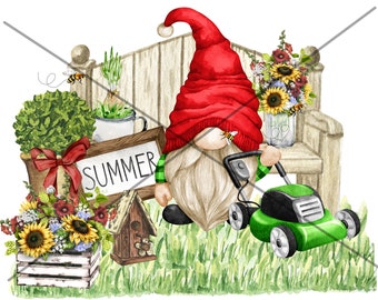 Digital Design, PNG File, Download, Sublimation, Digital File, PNG, Printable Design, Gnome, Gnomes, Summer, Lawn Mower, Garden