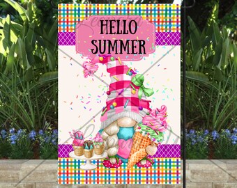 May include: A pink and white gnome with a pink and white checkered hat, holding a cone of ice cream. The gnome is surrounded by sprinkles and the text "Hello Summer" is on a pink banner above the gnome.